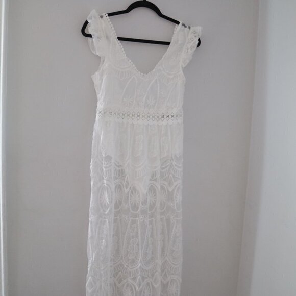 NEW White Bridal Lace Up Ruffle Sleeveless Beach Dress Size Small - Picture 5 of 9